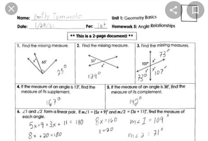 Unit 1 geometry test answer key